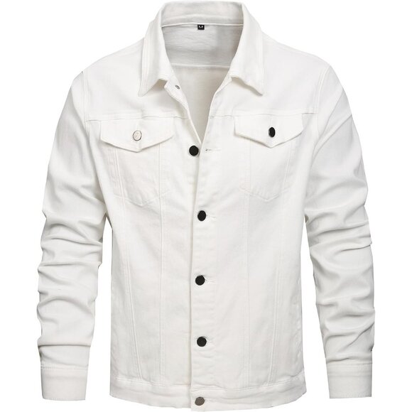 Men's Jean Jacket Distressed Slim Denim Jacket Long Sleeves Button Down White